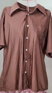 Vtg 1970's QIANA Nylon Disco Collar Button Up Shirt Brown Outer Stitch